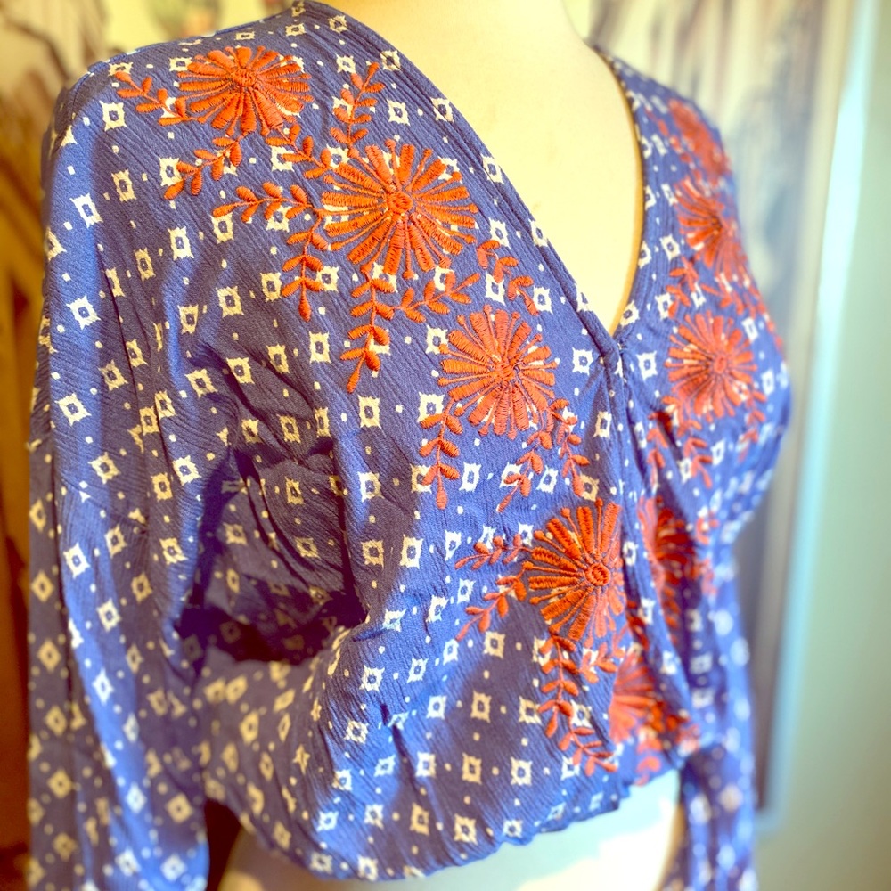 Bohemian blue with embroidered flowered neckline